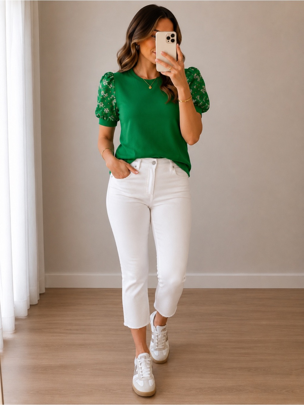 CeCe Emerald Green Knit Top with Floral Puff Sleeves small bohemian